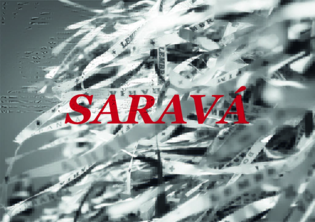 Fond blanc et noir de rubans du Seigner du Bonfim , avec écriture "Saravá "en rouge